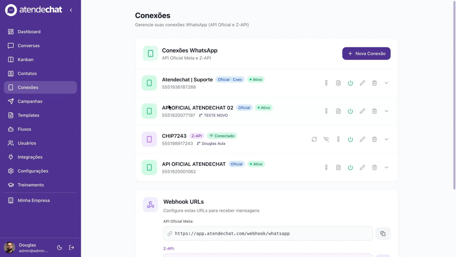 Tela de conexões do AtendeChat, com números conectados via API Oficial da Meta